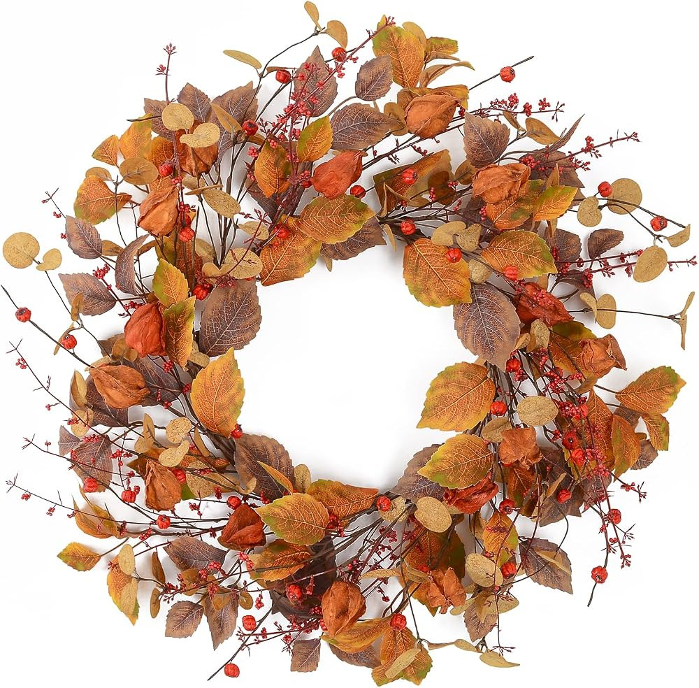 YNYLCHMX 18" Fall Wreaths for Front Door, Artificial Autumn Wreath, Fall Door Wreath with Eucalyp... | Amazon (US)