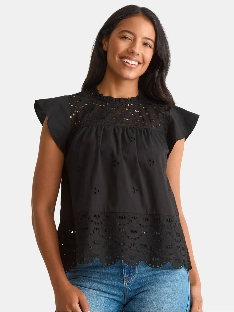 Time and Tru Women's Eyelet Top with Flutter Sleeves, Sizes XS-XXXL | Walmart (US)