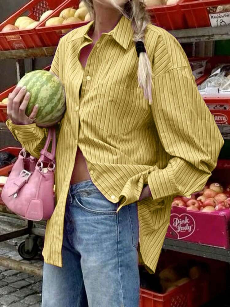 INAWLY Women Solid Color Front Button Pocket Casual Long Sleeve Shirt | SHEIN