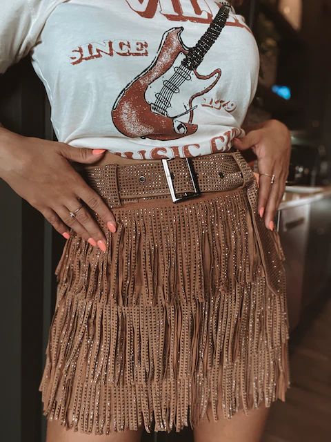 Nashville Babe Rhinestone Fringe Mini Skirt- Camel | Willow Boutique