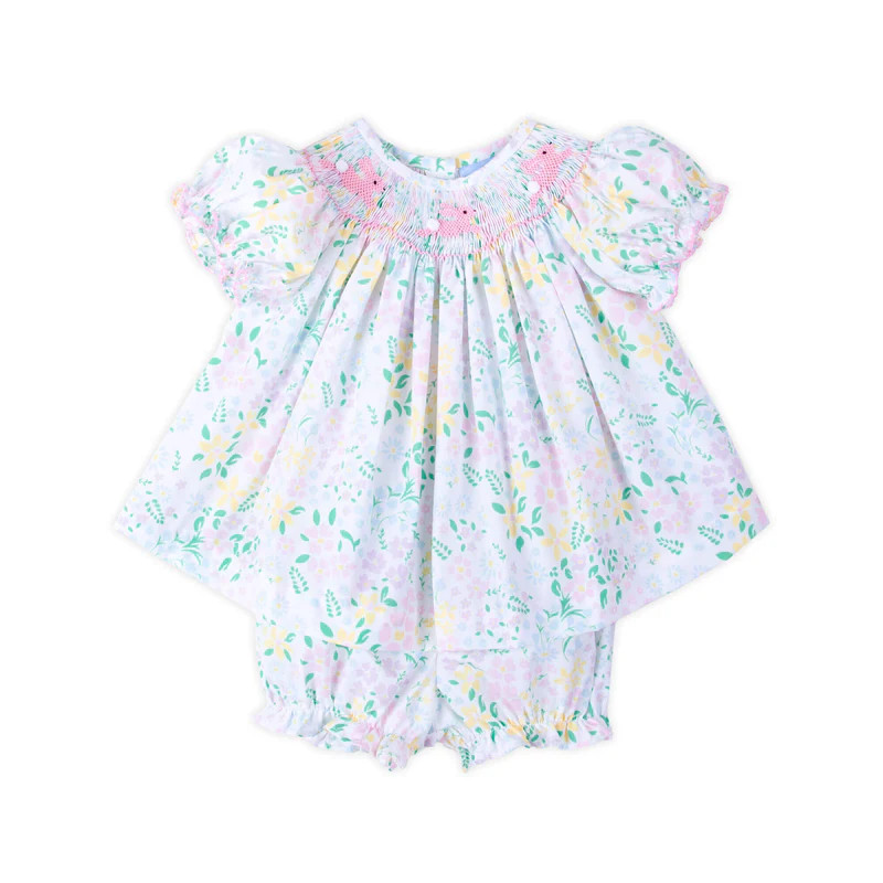 Hopping Bunny Smocked Florals Bishop Bloomer Set | Classic Whimsy