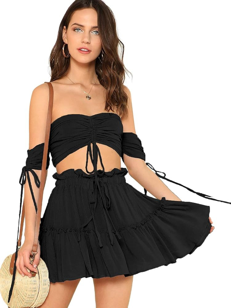 Floerns Women's Two Piece Outfit Off Shoulder Drawstring Crop Top and Skirt Set | Amazon (US)