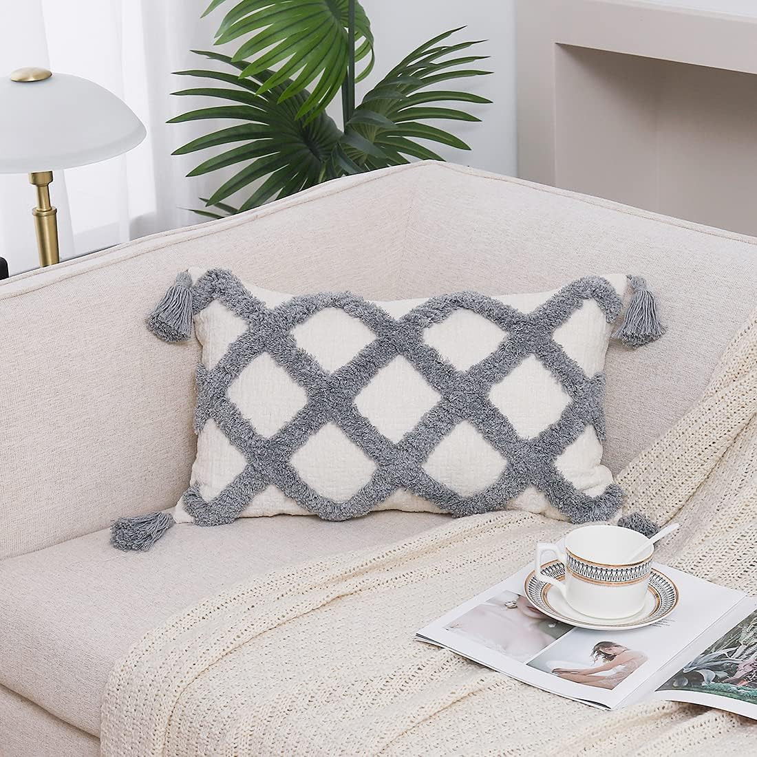 Boho Grey Lumbar Throw Pillow Cover 12x20 Inch with Tassels, Plaid Tufted Soft Cream Chenille Dec... | Amazon (US)