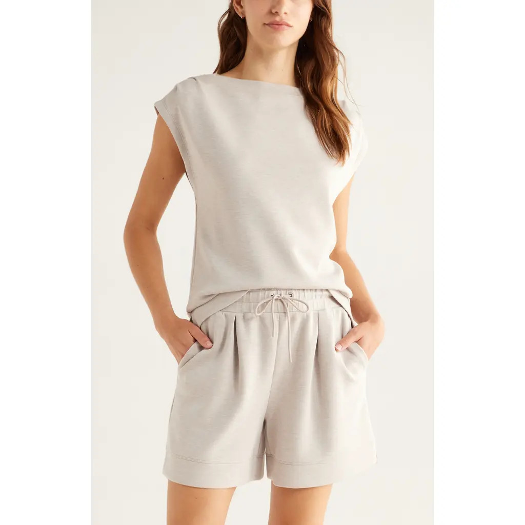 Zella Ultrasoft Knit Gathered Shoulder Top in Medium Taupe Heather at Nordstrom, Size X-Small | Nordstrom