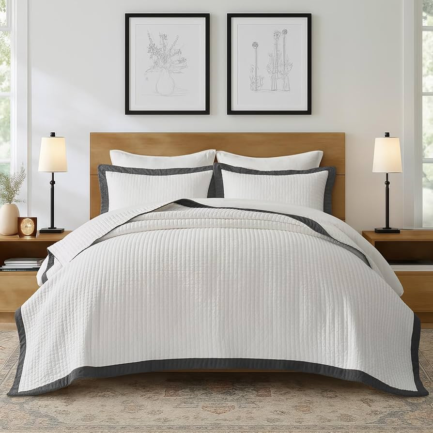 EVERGRACE Cotton Border Frame Tack-Stitch Quilt Bedding Set King Size, Coastal Oversized 3 Pieces... | Amazon (US)