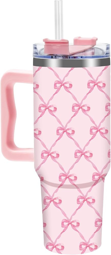 Pink Bow Tumbler with Handle Straw and Lid 40oz Pink Ribbon Bow Stainless Steel Cup Travel Coffee... | Amazon (US)