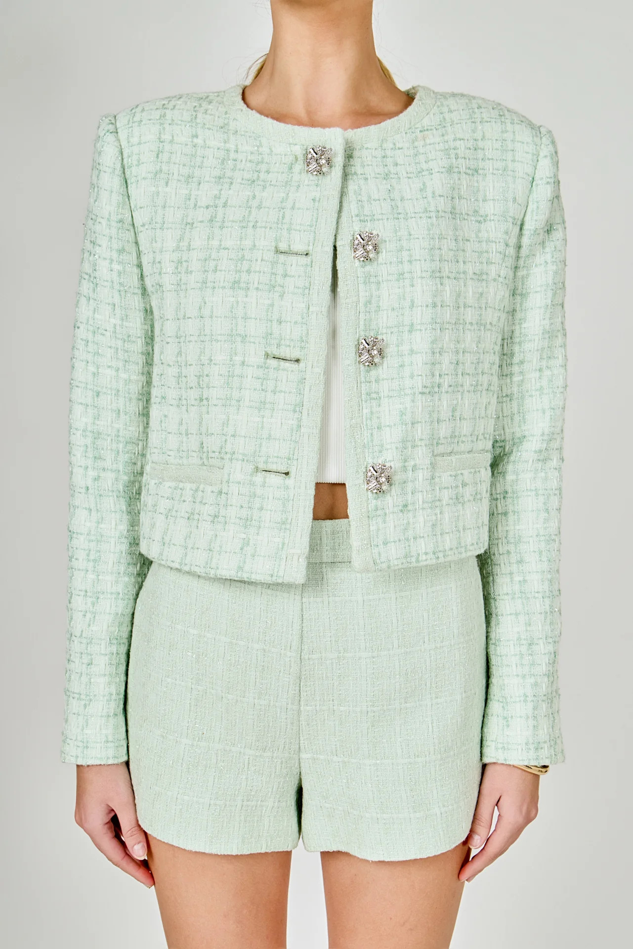 Lemi Tweed Jewel Buttoned Combo Jacket | Endless Rose