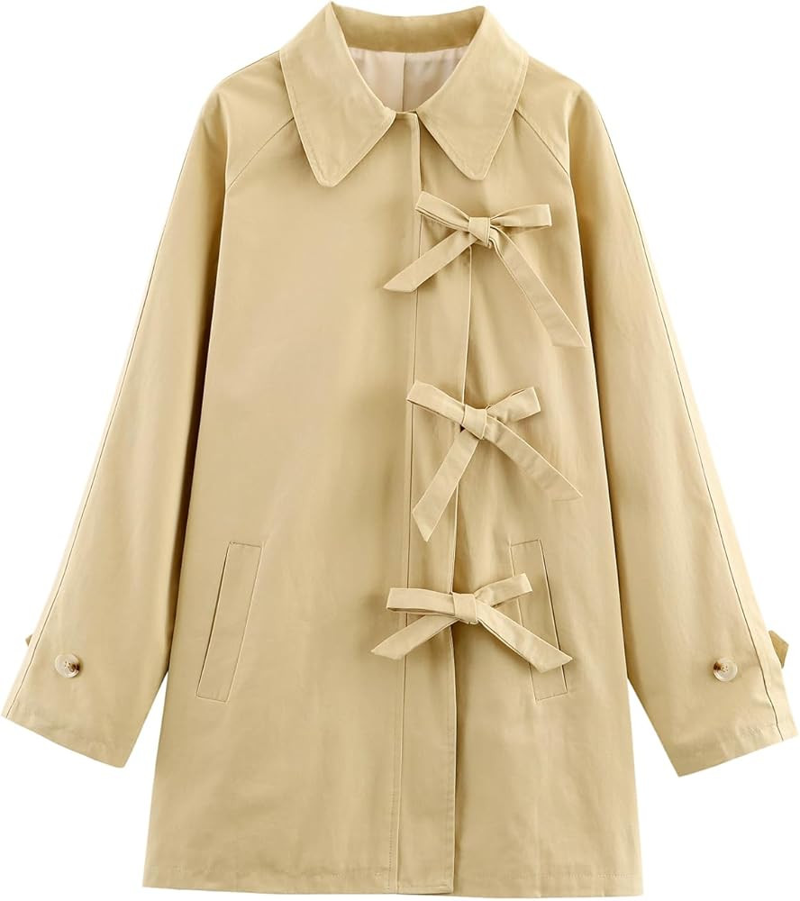 HOULENGS Women's Long Sleeve Bow Toggle Trench Coat Casual Button Down Trench Jacket Fall Fashion... | Amazon (US)