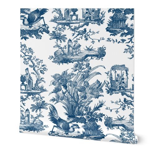 Chinoiserie Toile ~ Lonely Angel Blue and White | Spoonflower