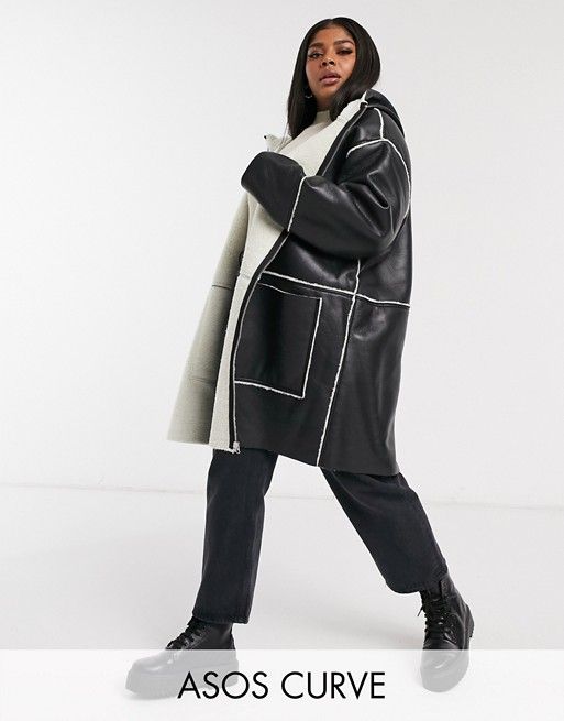 ASOS DESIGN Curve shearling parka with borg detail in black | ASOS (Global)