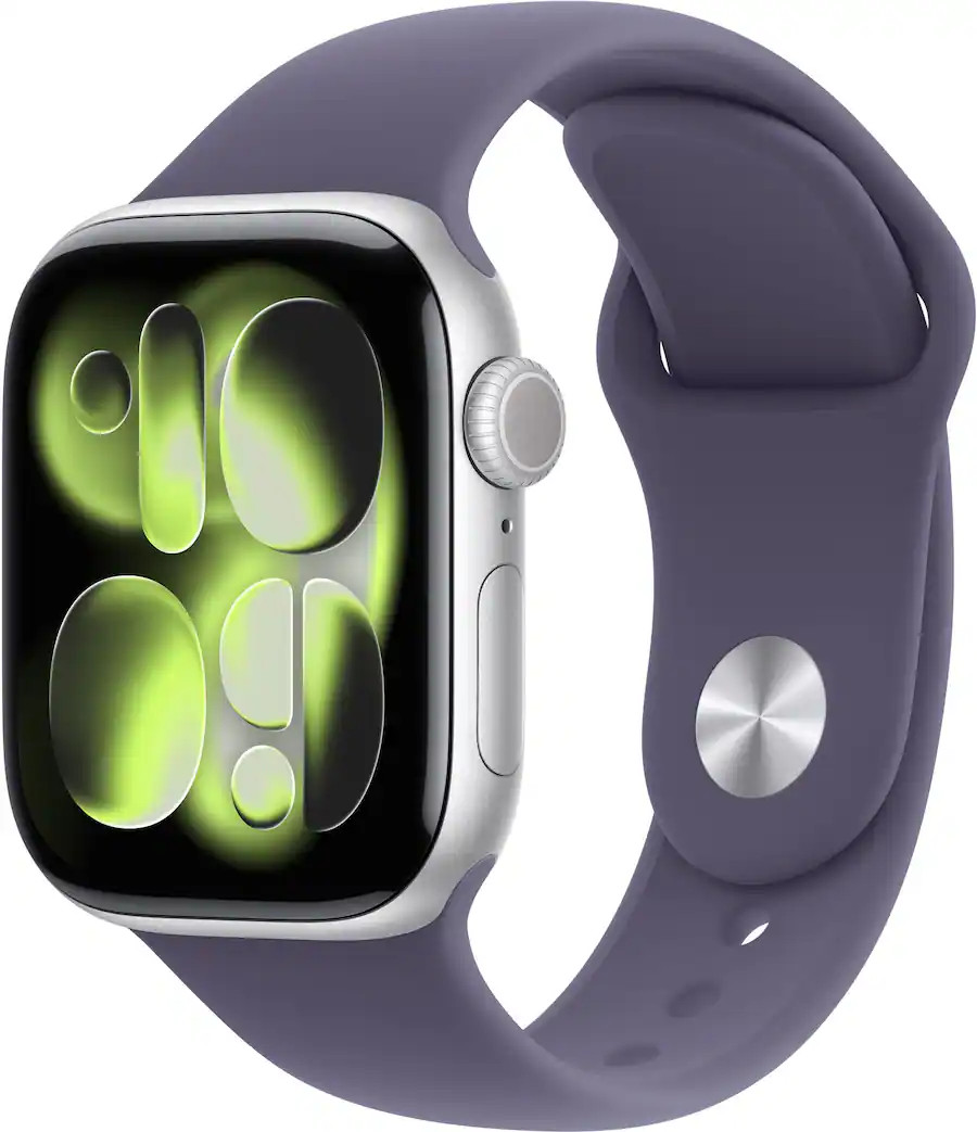 Apple Watch Series 11 (GPS) 42mm Silver Aluminum Case with Purple Fog Sport Band - S/M - Silver -... | Best Buy U.S.