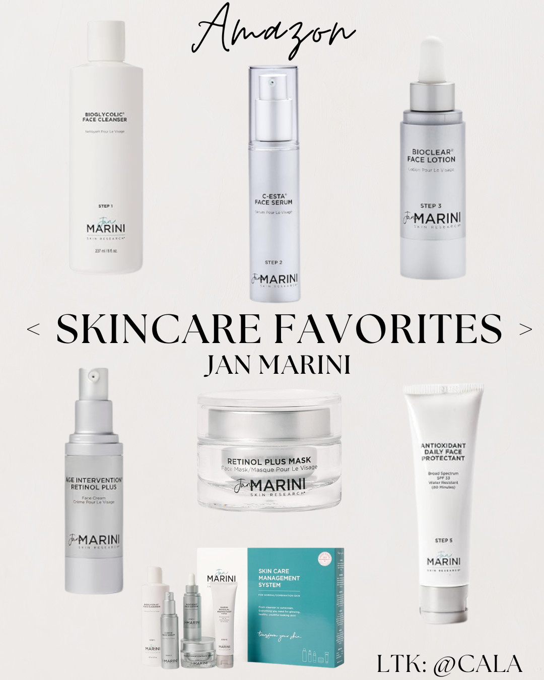 Skincare favorites that have become essential. Jan Marini is medical grade skincare that I started experimenting with a couple years ago, sampling one product at a time and quickly grew to an obsession with it. I typically order the skincare from Amazon because I run out of some at different times and I love the fast shipping :) 

the cleanser requires no water to start cleansing. So after I remove my makeup, then I apply the cleanser directly to my dry skin and massage in, then I leave it on for an extended period of time while I do other things then get a warm rag and wipe it off. 
The c-esta serum is like liquid cold on a fresh cleansed face and it smells like orange delight for your skin. 
Follow with the bioclear lotion. 
I do the retinols once a week unless I'm in the sun a lot or have dryness happening. 
 

 #LTKHome #LTKStyleTip #LTKBeauty