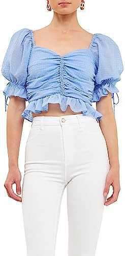endless rose Women's Chiffon Gridded Gathered Top Powder Blue X-Small | Amazon (US)
