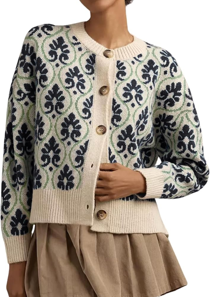 Women Floral Cardigan Sweater Open Front Long Sleeve Button Down Knit Sweater Vintage Outerwear | Amazon (US)