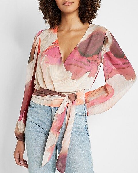 Conscious Edit Printed Faux Wrap Cropped Tie Waist Top | Express