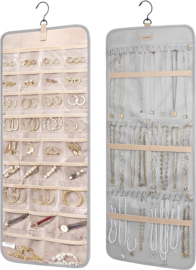 BAGSMART Hanging Jewelry Organizer Storage Roll with Hanger Metal Hooks Double-Sided Jewelry Hold... | Amazon (US)