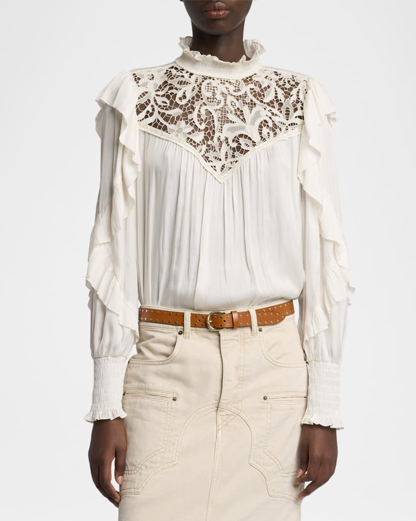 Seila Lace Ruffle Long-Sleeve Blouse | Neiman Marcus