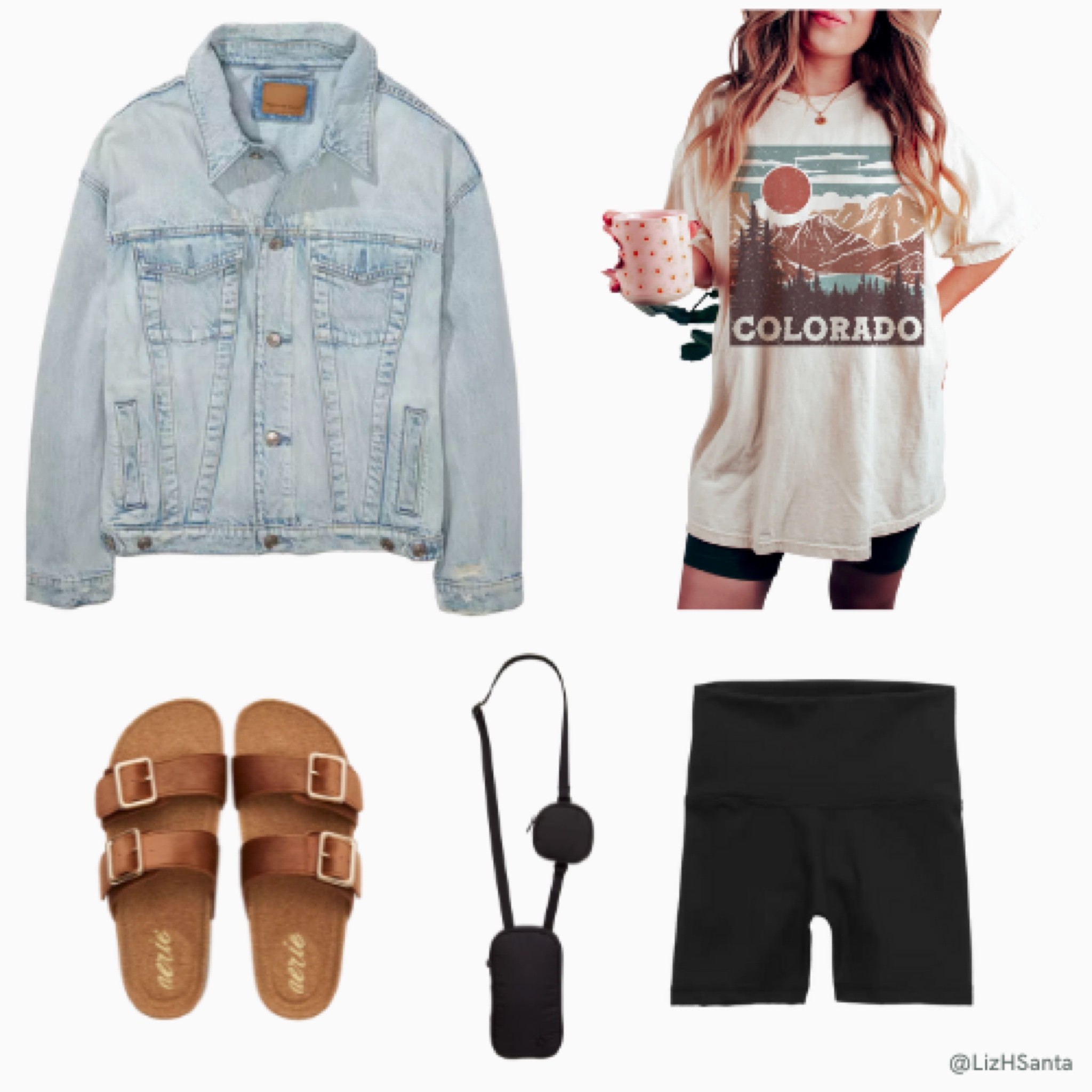 Denim jacket, oversized graphic tee, biker shorts, crossbody bag, belt bag, sandals 

#LTKsalealert #LTKunder50 #LTKstyletip