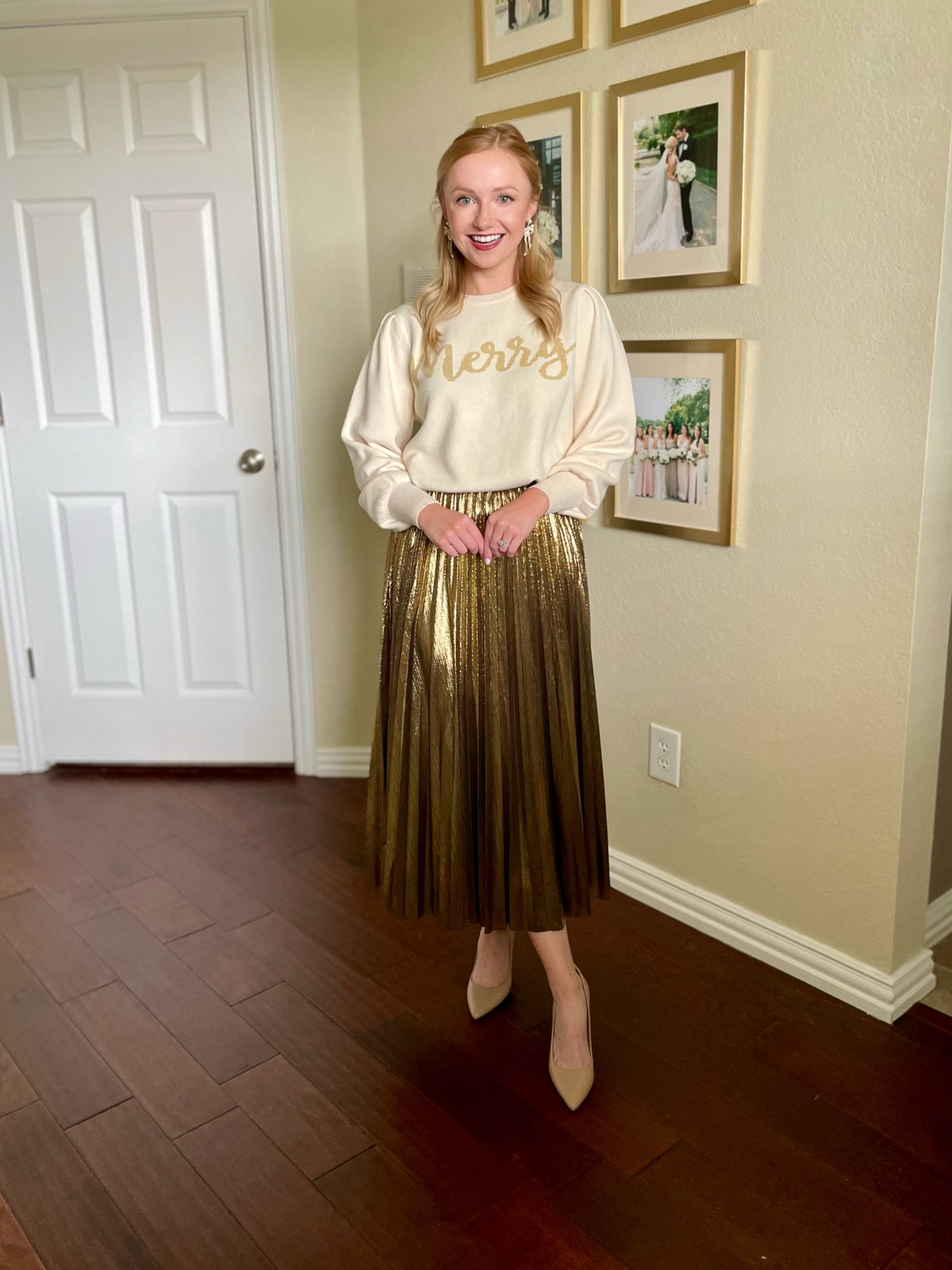 Wearing a S in skirt and XS in sweater | gold skirt, pleated skirt, holiday outfit, Christmas outfit 

#LTKSeasonal #LTKStyleTip #LTKHoliday