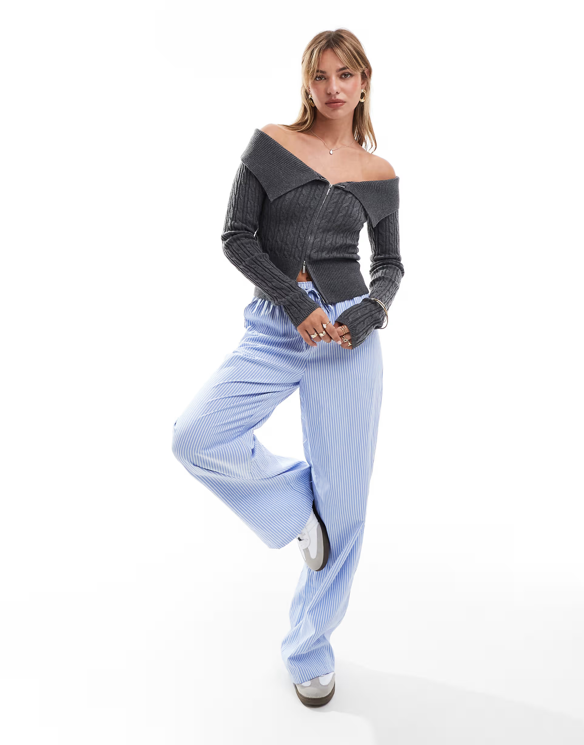 Bershka bardot zip front cable knit jumper in grey | ASOS (Global)