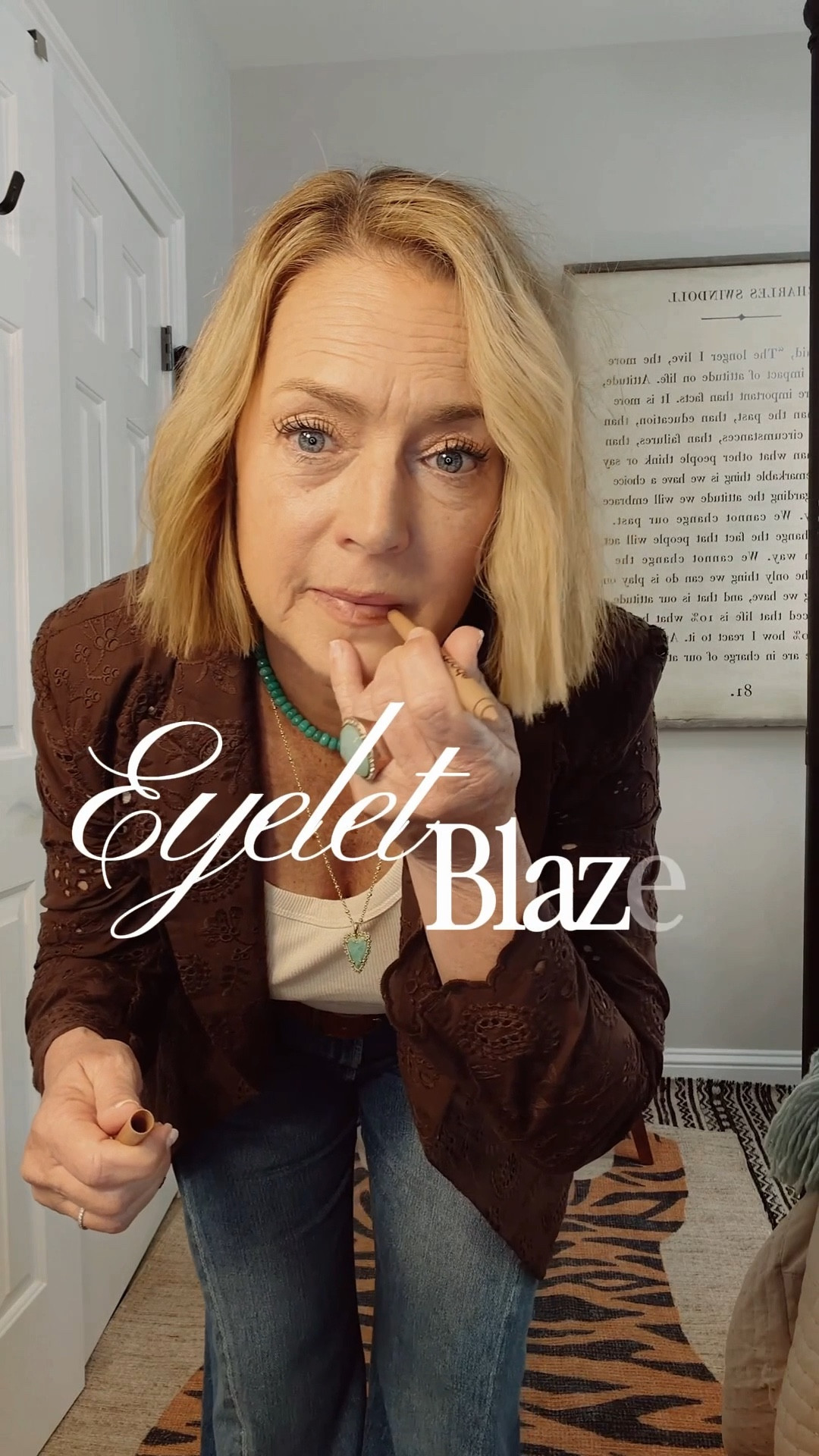 Blazer is Zara. Search “straight blazer embroidered”. 

#LTKSeasonal #LTKOver40 #LTKgrwm