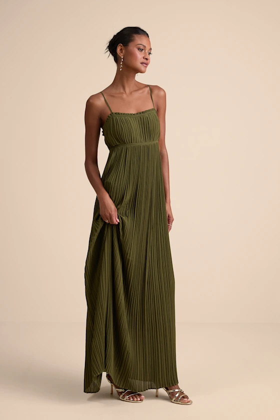 Delina Olive Plisse Chiffon Tie-Back Maxi Dress | Lulus