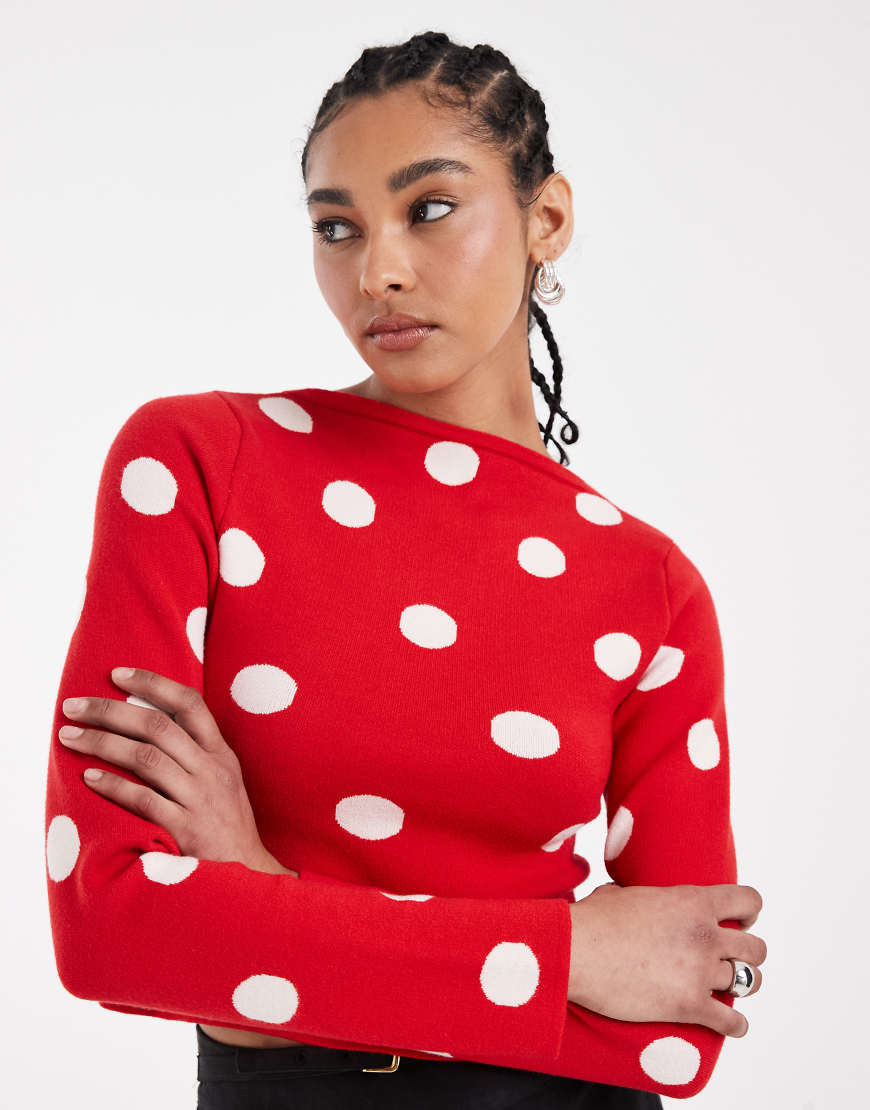 ASOS DESIGN fine knit slash neck top in red polka dots-Multi | ASOS (Global)