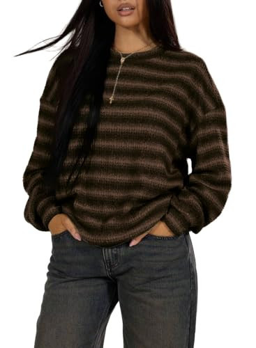 SHEWIN Womens Striped Pullover Sweater Waffle Loose Knit Long Sleeves Top | Amazon (US)