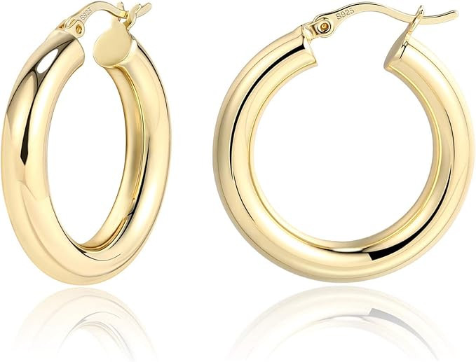 Lightweight Chunky Hoops | 14K Gold Plated Small Thick Sterling Silver Post Hoop Earrings for Wom... | Amazon (US)