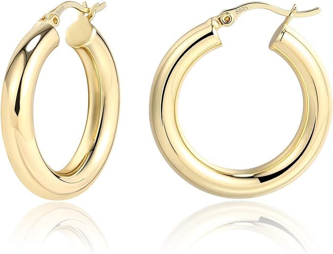 Lightweight Chunky Hoops | 14K Gold Plated Small Thick Sterling Silver Post Hoop Earrings for Wom... | Amazon (US)