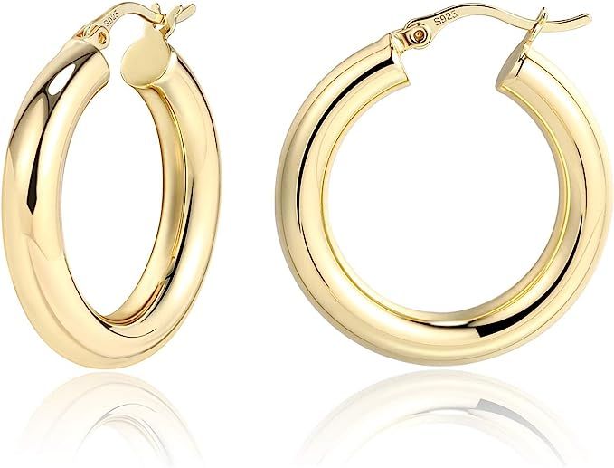 Lightweight Chunky Hoops | 14K Gold Plated Small Thick Sterling Silver Post Hoop Earrings for Wom... | Amazon (US)