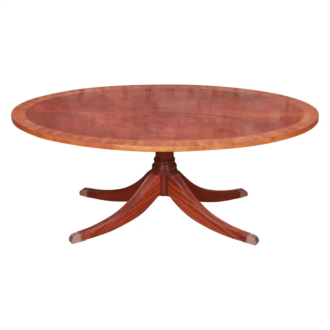 Ethan Allen Regency Banded Mahogany Pedestal Coffee Table | 1stDibs