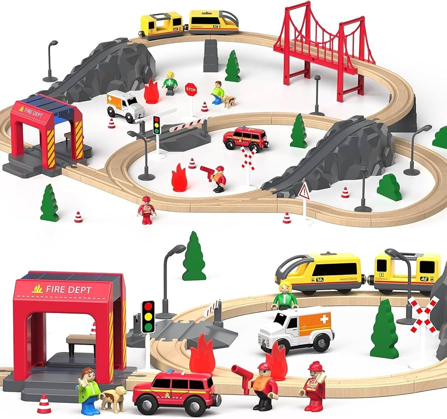 Giant bean 72PCS Fire Station Wooden Train Track Electric Train Set, Gift Packed Toy Railway Kits... | Amazon (US)