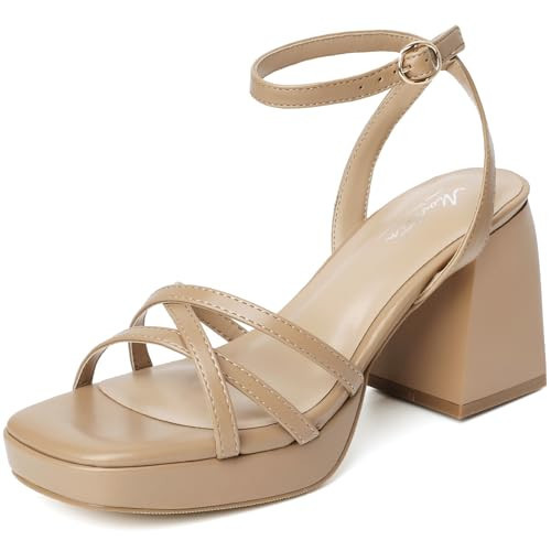 Mostrin Nude Platform Heels for Women Strappy Lace Up Heels Sexy Chunky Block Heeled Sandals Ankle Strap Square Open Toe Heels for Wedding Prom Party Y2K Dress Shoes Size 10 | Amazon (US)