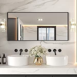 LOAAO 60"X28" Black Rectangle Bathroom Mirror Wall, Matte Black Aluminum Alloy Frame, Tempered Gl... | Amazon (US)