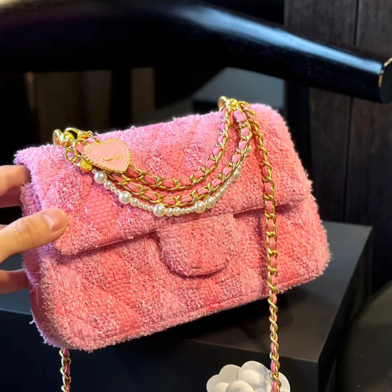 Pink Tweed Classic Flap bag Designer Shoulder Bag Pearl Chains luxury mini Handbag Cross Body Wom... | DHGate