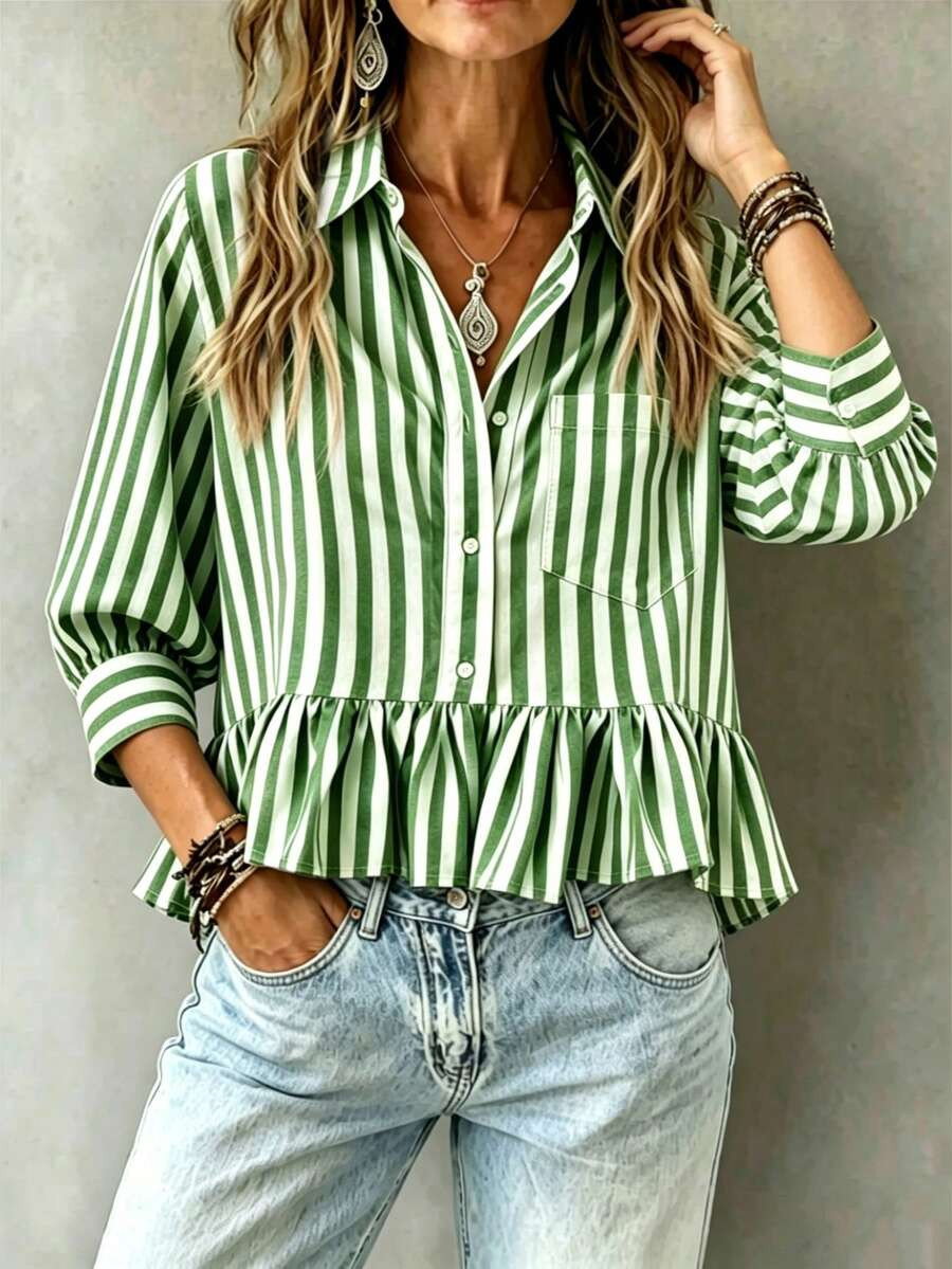 Women's Green & White Striped Ruffle Collar 3/4 Sleeve Button Up Casual Loose Blouse, Versatile F... | SHEIN