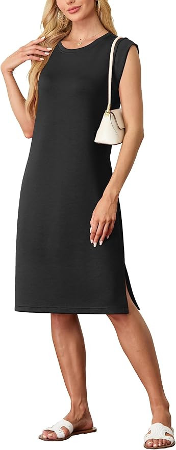 GRECERELLE 2025 Women Summer Round Neck Casual Loose Split Wrinkle-Free Midi Dress with Pockets (... | Amazon (US)