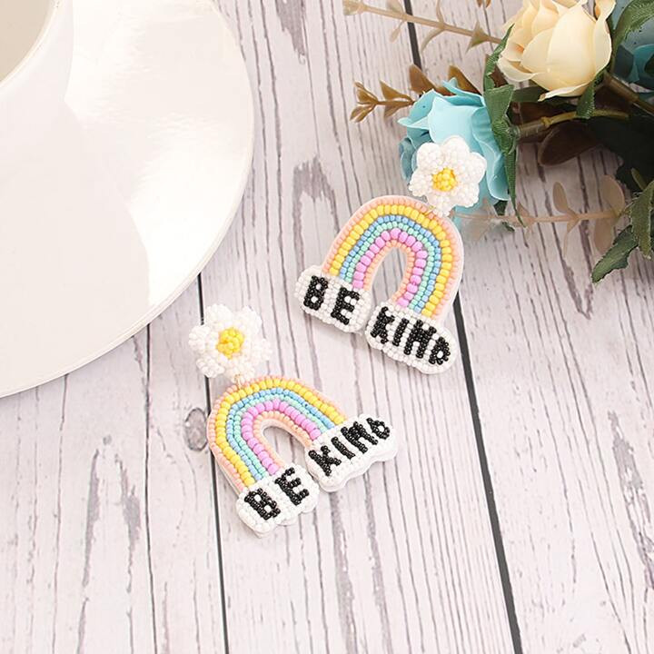 "1pair Rainbow Flower ""be Kind"" Rice Bead Earrings" | SHEIN