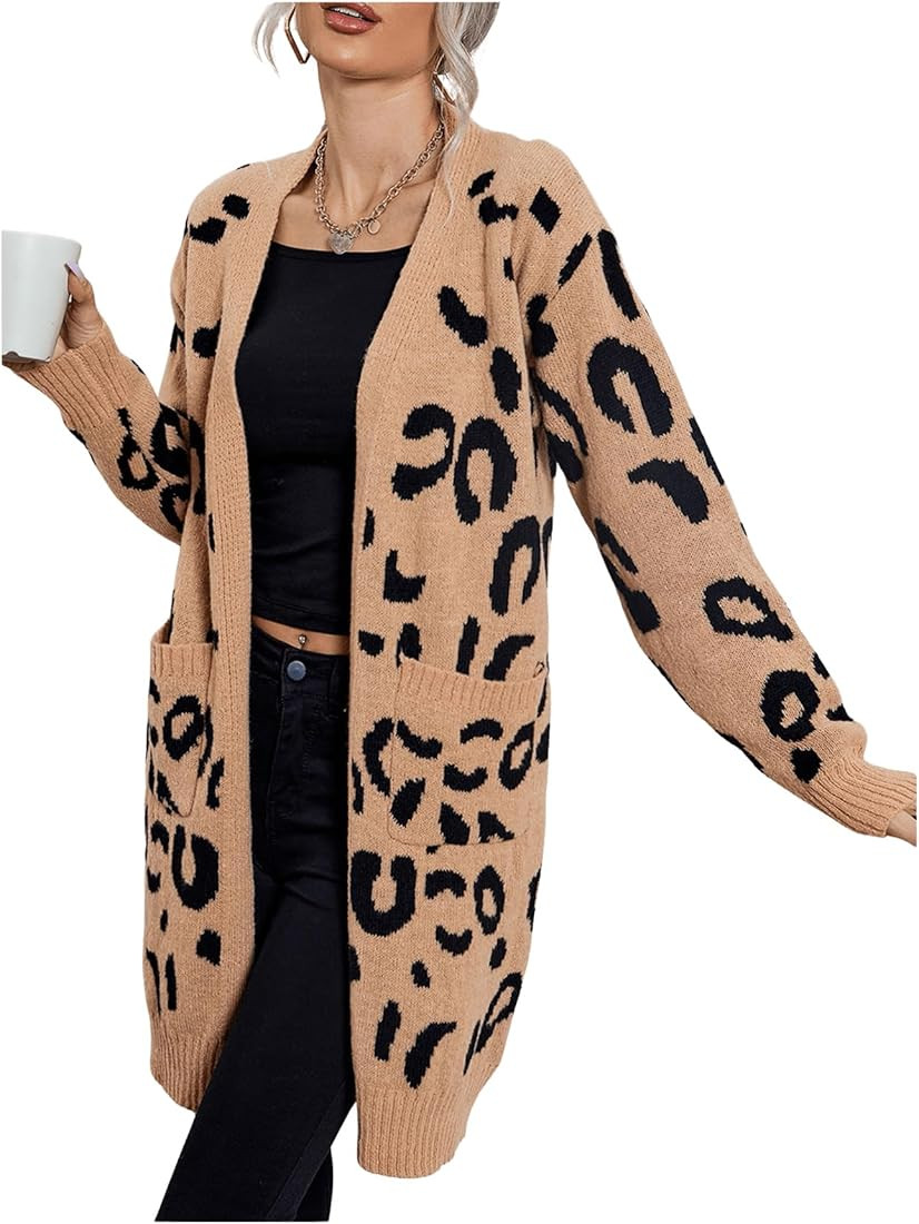 MakeMeChic Women's Leopard Cardigan Open Front Cheetah Sweater Long Cardigans | Amazon (US)