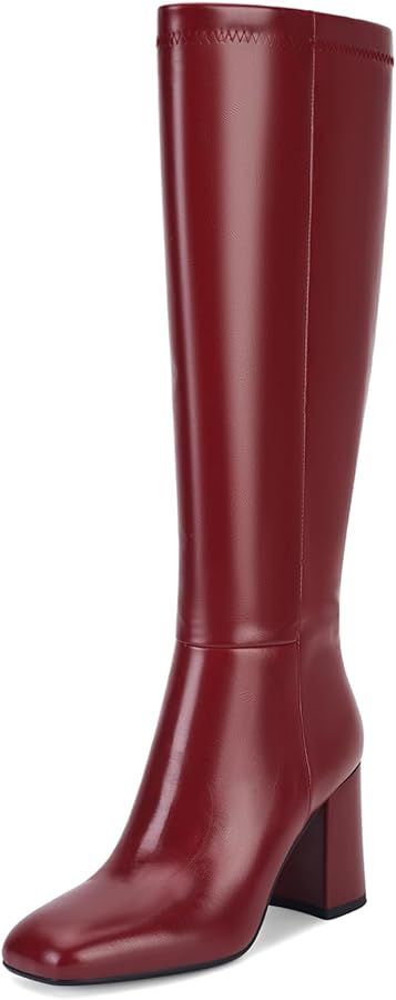 Women's Faux Leather Tall Boots Fashion Square Toe Chunky Heel Knee High Boots with Side Zip | Amazon (US)