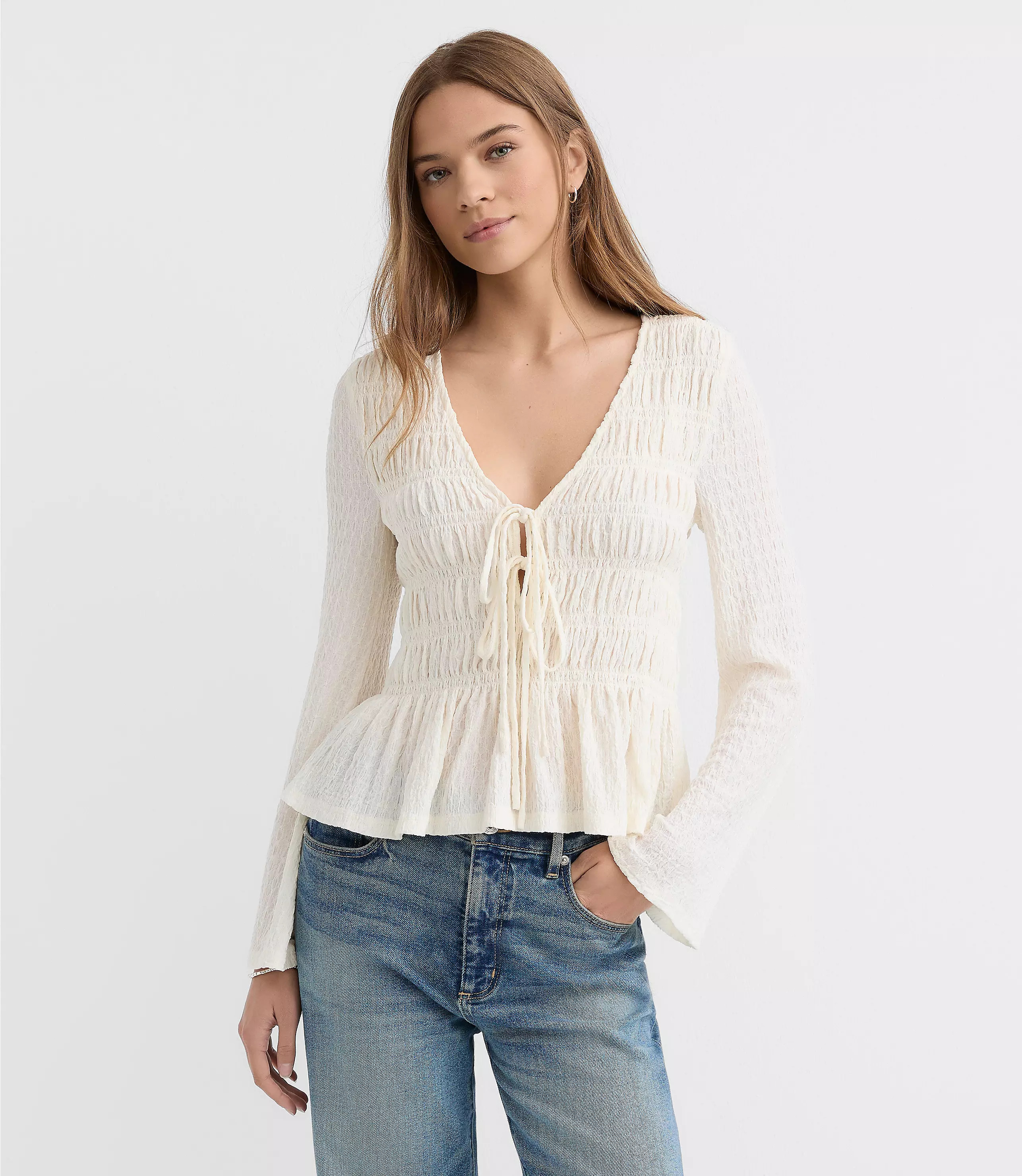 Tie Smocked Flare Sleeve Top | LOFT