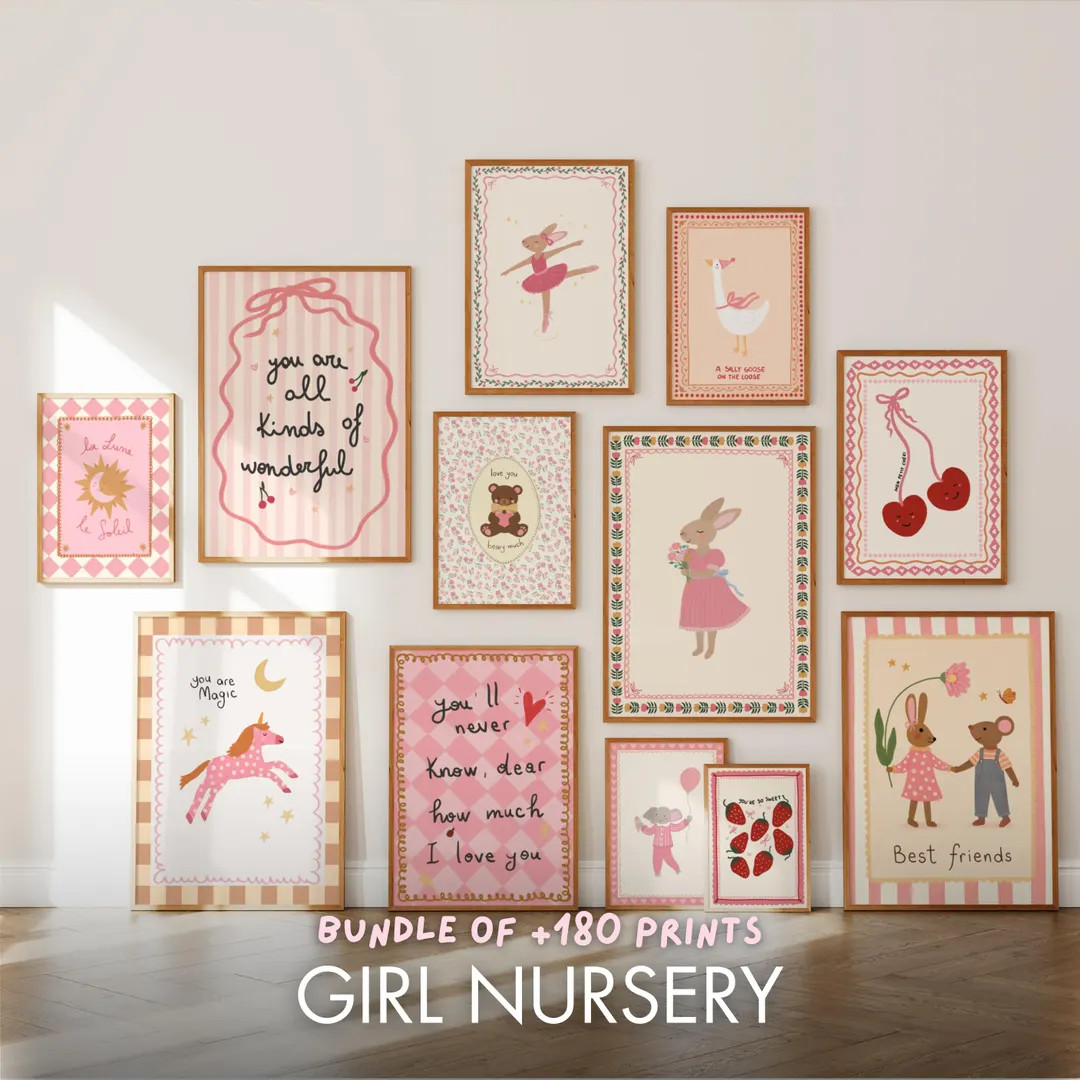 Girl Nursery Wall Art Bundle, 180+ Pink Nursery Prints, Animal Nursery, Cottagecore Decor, Baby G... | Etsy (US)