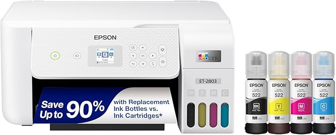 Epson EcoTank ET-2803 Wireless Color All-in-One Cartridge-Free Supertank Printer with Scan, Copy ... | Amazon (US)