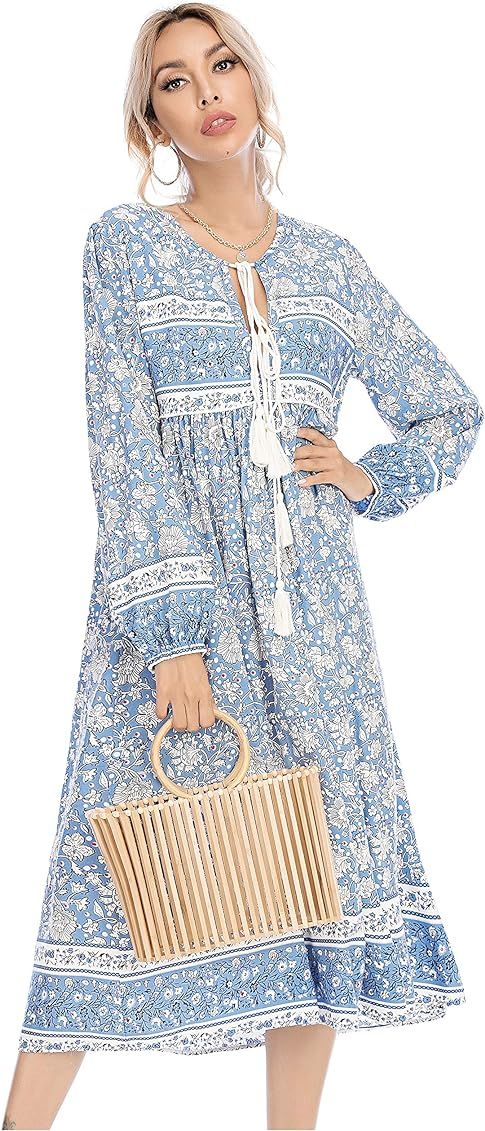 R.Vivimos Women's Long Sleeve Floral Print Retro V Neck Tassel Bohemian Midi Dresses | Amazon (US)