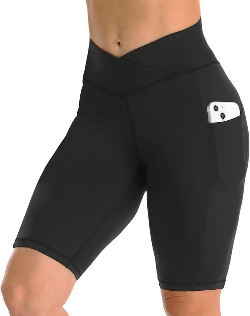 Cross Waist Workout Shorts for Women with 2 Side Pockets, 5'' Crossover Leggings for Gym | Amazon (US)