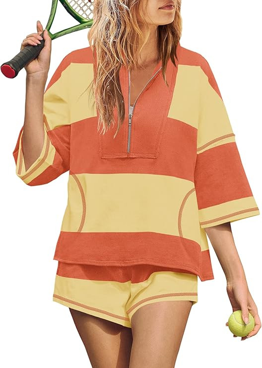 Yanekop Womens 2 Piece Outfits Summer Striped Workout Set Oversized Matching Lounge Sets Two Piec... | Amazon (US)