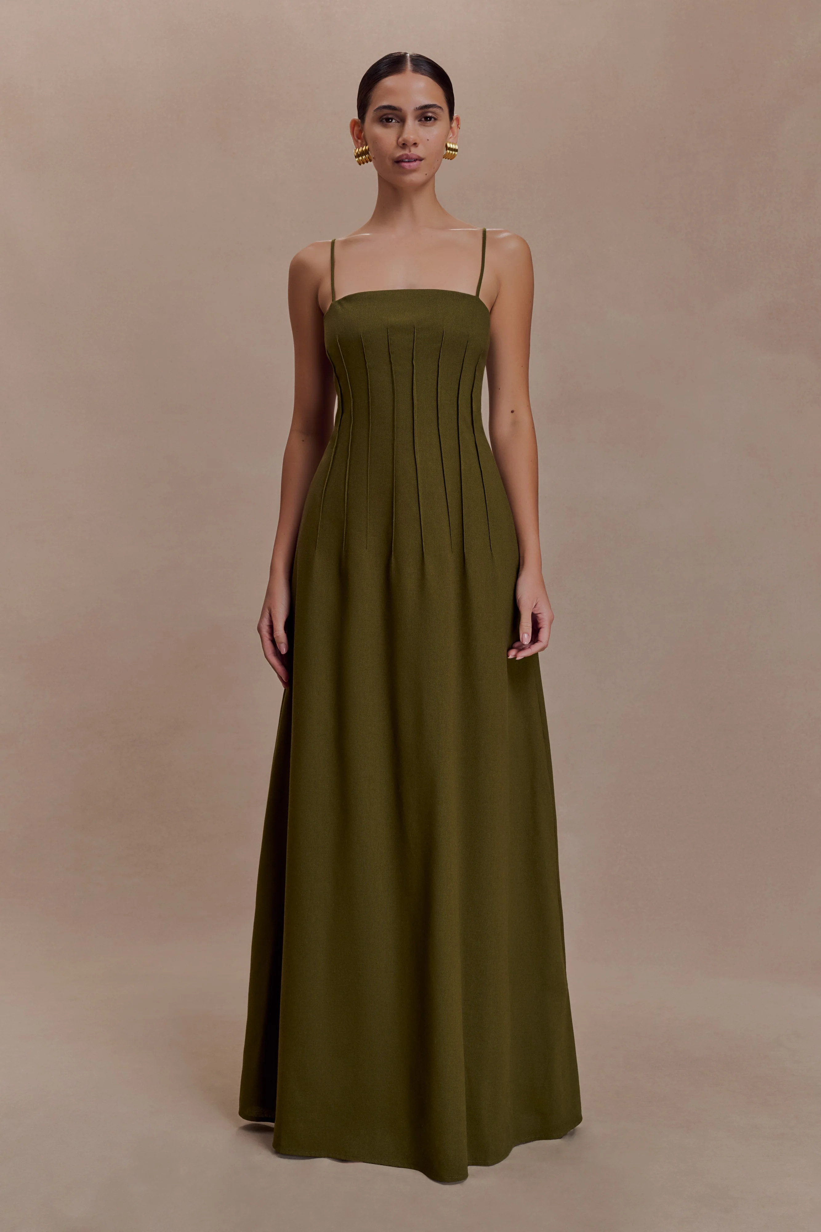 Pintuck Linen Maxi Dress - Khaki | MESHKI US