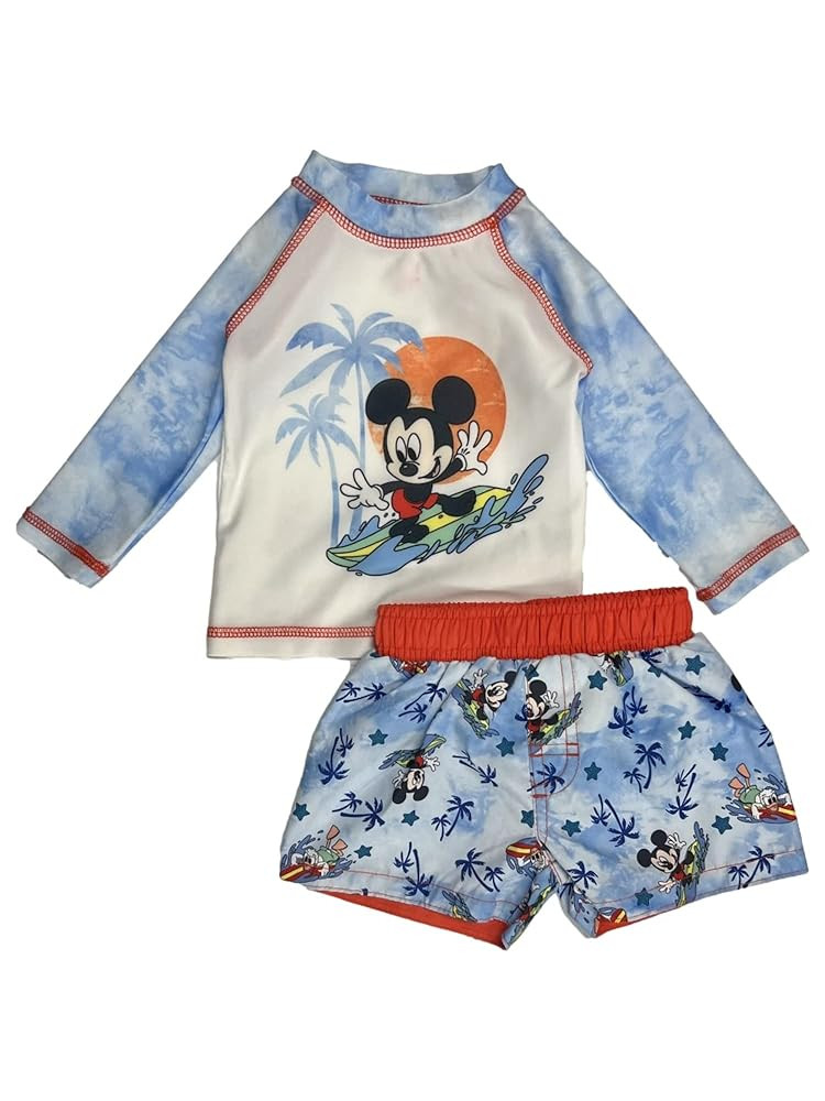 Disney Infant Boys Baby Mickey Donald Surfing Rash Guard & Swim Trunks Set 12m White | Amazon (US)