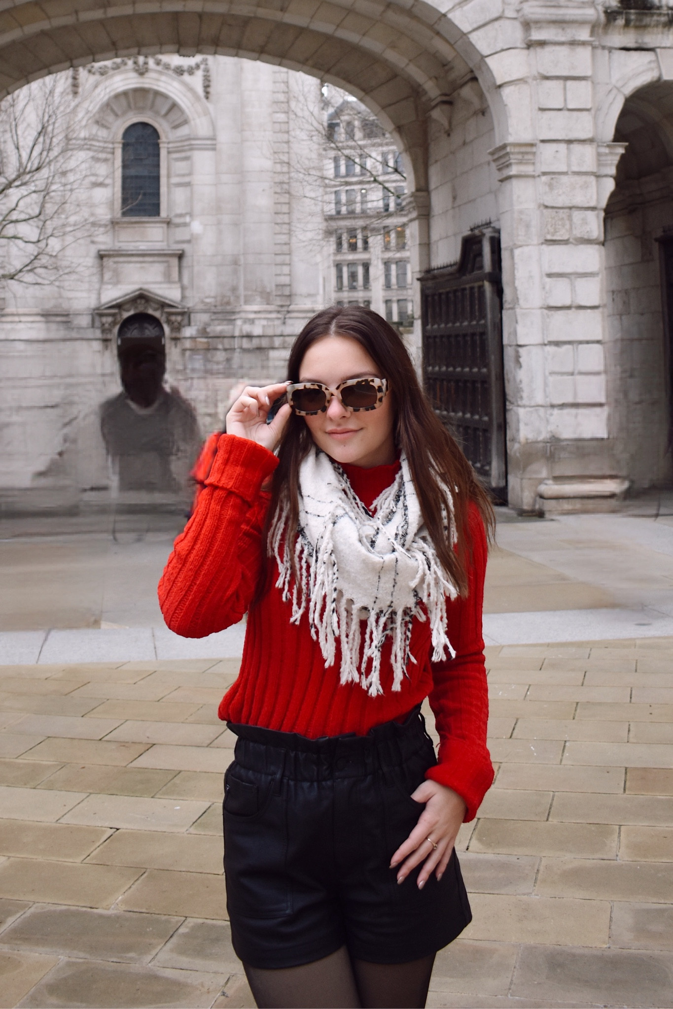 Red sweater size small from Meijer
Leather shorts from Undeniably Boutique
Fleece tights from Amazon
Sunglasses from Aerie